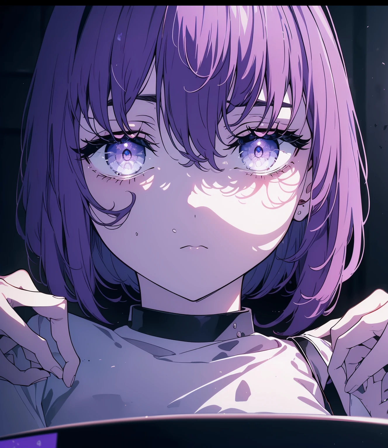 (Obra maestra, La mejor calidad, ultrahigh resolution), 1girl, standing, tech office background, white shirt with coding symbols, black pants, ((violet, violet hair:0.7), short hair cut, pale skin, ((violet eyes)), glowing_eyes, neon eyes, (ultra detailed eyes, beautiful and detailed face, detailed eyes), ((centered)), serious expression, ((wide shot)), facing viewer, eye level, (blurry background, modern tech background, indoors), average build, looking at viewer, ((focused eyes)), ((perfect hands)), (((head, arms, hips, elbows, in view))), ((holding a laptop)), confident posture, beautiful lighting, defined subject, 25 years old,