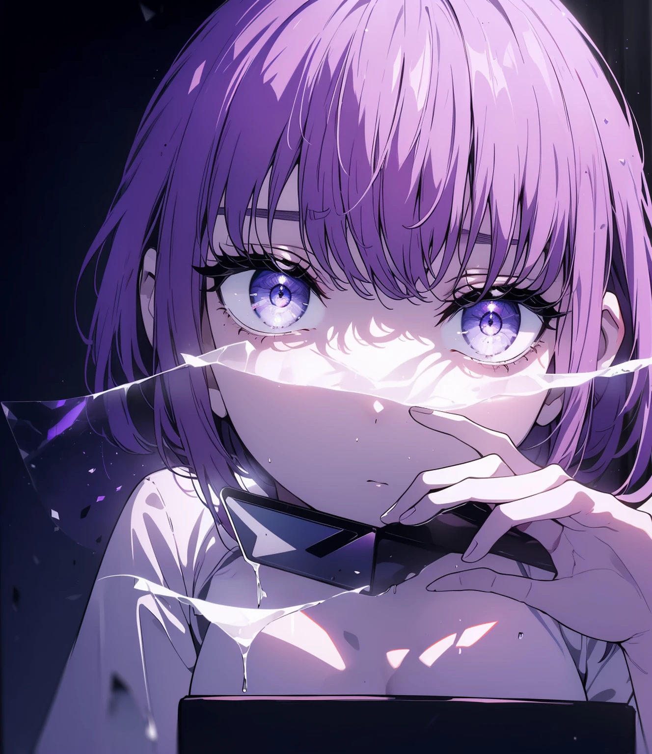 (Obra maestra, La mejor calidad, ultrahigh resolution), 1girl, standing, tech office background, white shirt with coding symbols, black pants, ((violet, violet hair:0.7), short hair cut, pale skin, ((violet eyes)), glowing_eyes, neon eyes, (ultra detailed eyes, beautiful and detailed face, detailed eyes), ((centered)), serious expression, ((wide shot)), facing viewer, eye level, (blurry background, modern tech background, indoors), average build, looking at viewer, ((focused eyes)), ((perfect hands)), (((head, arms, hips, elbows, in view))), ((holding a laptop)), confident posture, beautiful lighting, defined subject, 25 years old,