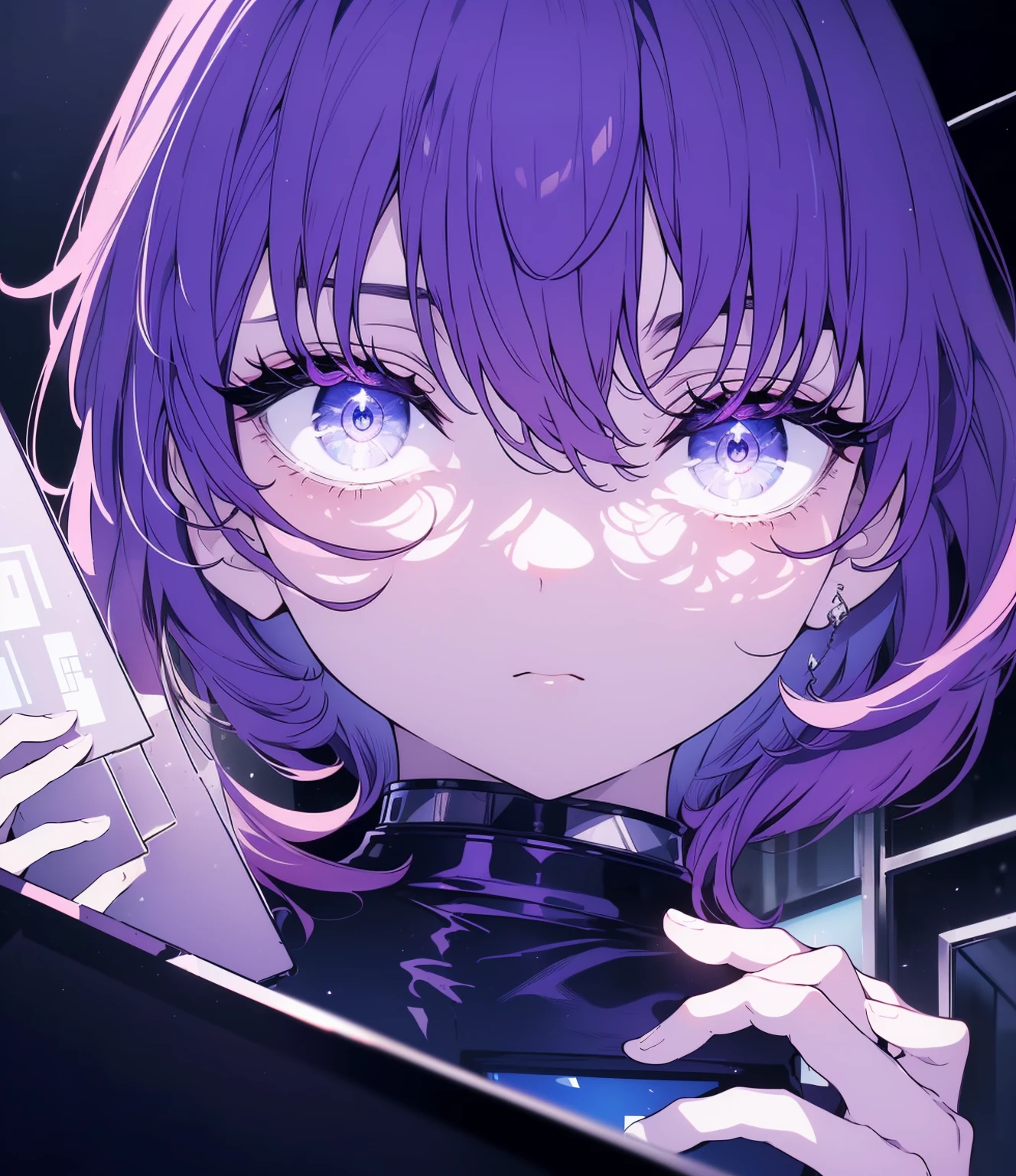 (Obra maestra, La mejor calidad, ultrahigh resolution), 1girl, standing, tech office background, white shirt with coding symbols, black pants, ((violet, violet hair:0.7), short hair cut, pale skin, ((violet eyes)), glowing_eyes, neon eyes, (ultra detailed eyes, beautiful and detailed face, detailed eyes), ((centered)), serious expression, ((wide shot)), facing viewer, eye level, (blurry background, modern tech background, indoors), average build, looking at viewer, ((focused eyes)), ((perfect hands)), (((head, arms, hips, elbows, in view))), ((holding a laptop)), confident posture, beautiful lighting, defined subject, 25 years old,