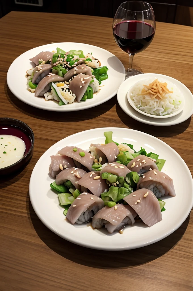 Generate me a plate of shusi with a glass of wine next to it on a restaurant table