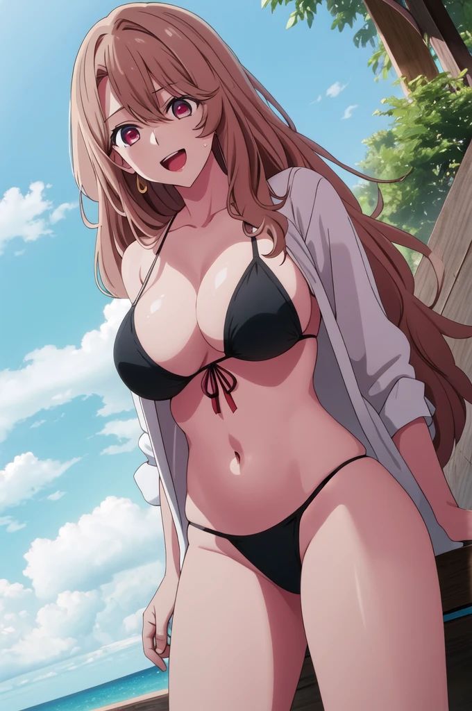 (masterpiece:1.3), (best quality:1.1), (8k, ultra detailed, ultra high res:1.2), ((anime style)), (perfect 5 fingers:1.1), perfect anatomy, 
1girl,
Miyako Saitou, 
BREAK long hair, wavy hair, 
strawberry blonde hair, 
red eyes, empty eyes. 
large breasts, smile, open mouth, 
BREAK strings bikini, black bikini, 
looking at viewer, 
BREAK cowboy shot, stunding, arm behind back, 
fair skin, (sweaty skin:1.1), 
perfect light, 
outdoor, outside, summer, sea, sky, 