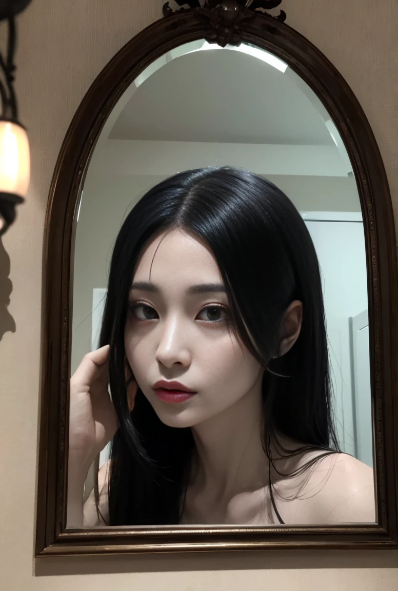 Design a chilling image of Kagami-Onna, a ghostly woman who appears in mirrors. She should have a beautiful yet eerie face, with long black hair and a haunting expression. The reflection should show her reaching out or emerging from the mirror, with an unsettling, supernatural glow. The setting should be a dimly lit room with old, ornate mirrors.