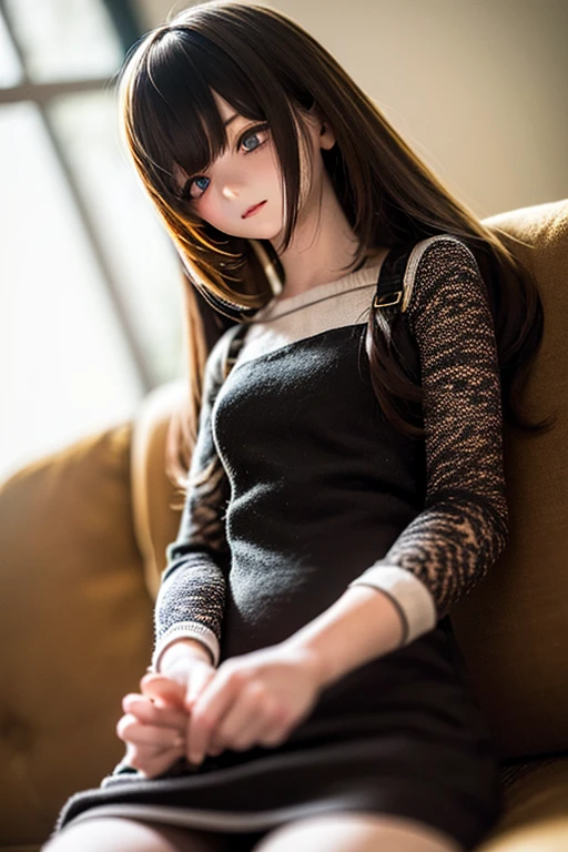 photorealistic, realistic photo, ((highest quality)), ((masterpiece)), detailed, kukolnydom, doll, (mature woman, 22yo, 22 years old:1.6), solo, ((cowboy shot, sitting on desk, skinny, slender, slim, parted lips)), green eyes, brown hair, medium hair, (looking down, blank eyes, empty eyes, detailed eyes, detailed face:1.3), dress, museum, 8k