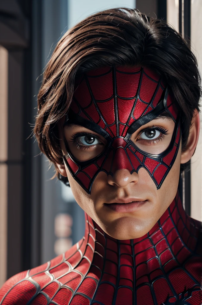 A photograph of Spider-Man., sin mascara, the 20s, elegant, detailed face, looking to the camera, portrait, 8k hd, high quality