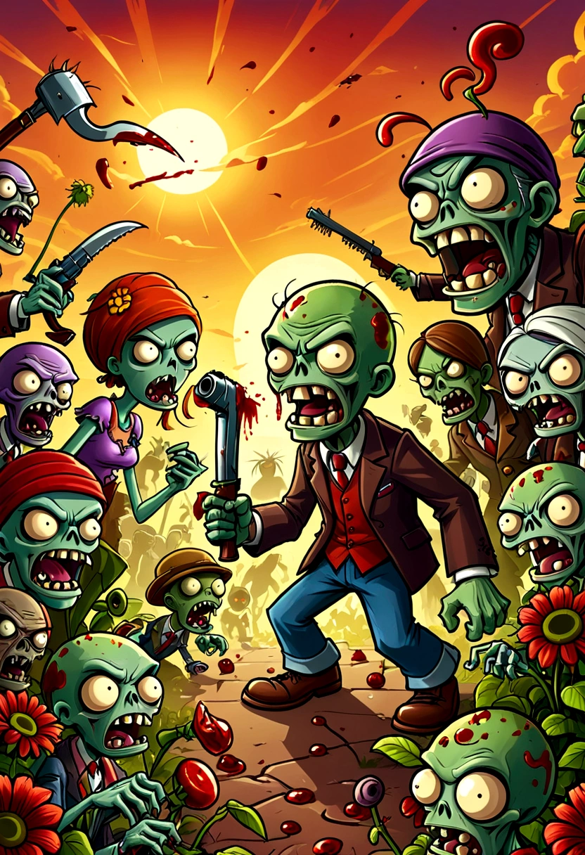 Plants vs. Zombies，Defense War Game，game，fear，bloody，Old，Zombies，Violence，Exaggerated art illustration，