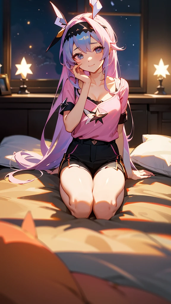 score_9, score_8_up, score_7_up,expressive eyes,1 girl,long hair, (masterpiece), best quality, expressive eyes, perfect face, clevage, smile, happy, full body , blush, firefly \(honkai: star rail\), 1girl, solo, half body, (sitting), (seiza), (bare legs),pink shirt,black dolphin shorts,in her bedroom, headband, hair ornament, firefly (honkai star rail)