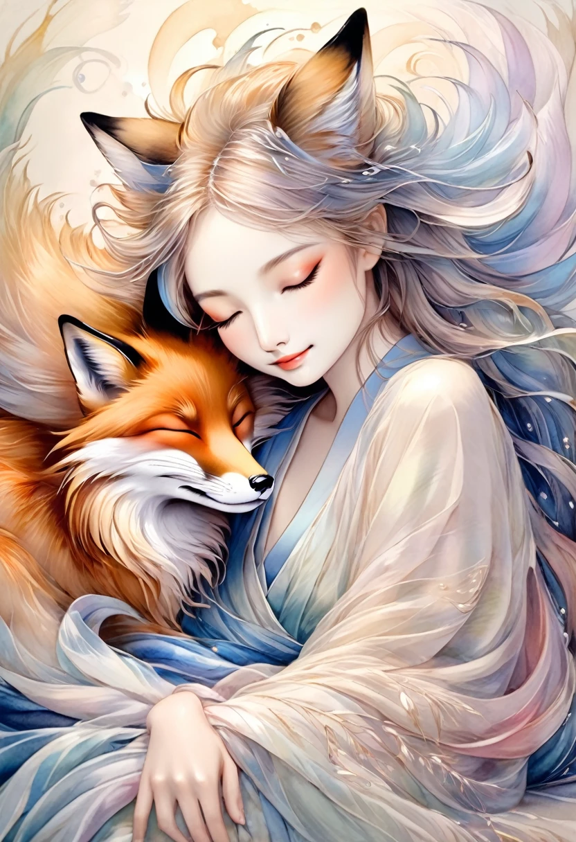 best quality, super fine, 16k, 2.5D, delicate and dynamic depiction, fox spirit stroking the head of sleeping on his lap, gentle loving smile, effects wrapped in soft colors and light, fusion of watercolors and oil paintings, calligraphy, ink, shading, gradation, Japanese paper quality