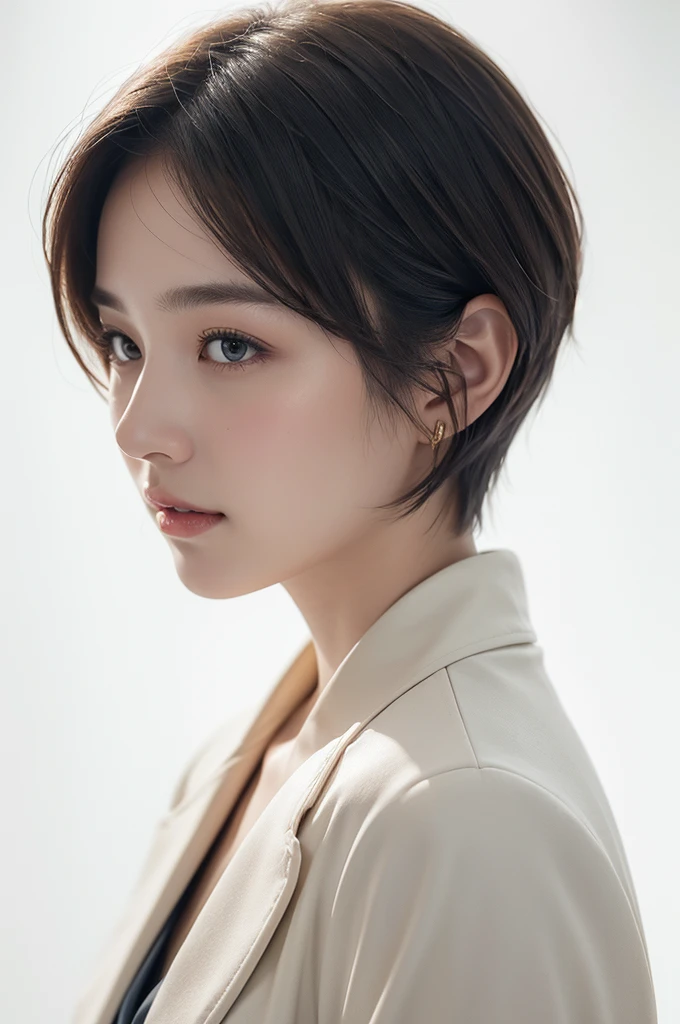realistic light,natural light,white background,최고 quality、8 thousand、32,000、masterpiece、uhd:1.2) quality, primitive photorealism, laugh, Beautiful girl, cute, Short hair, depth of field, high resolution, ultra detail, Highly detailed eyes and face,small eyes,Short hair,short cut,short hair,Ivory Jacket,Real picture, profile,studio