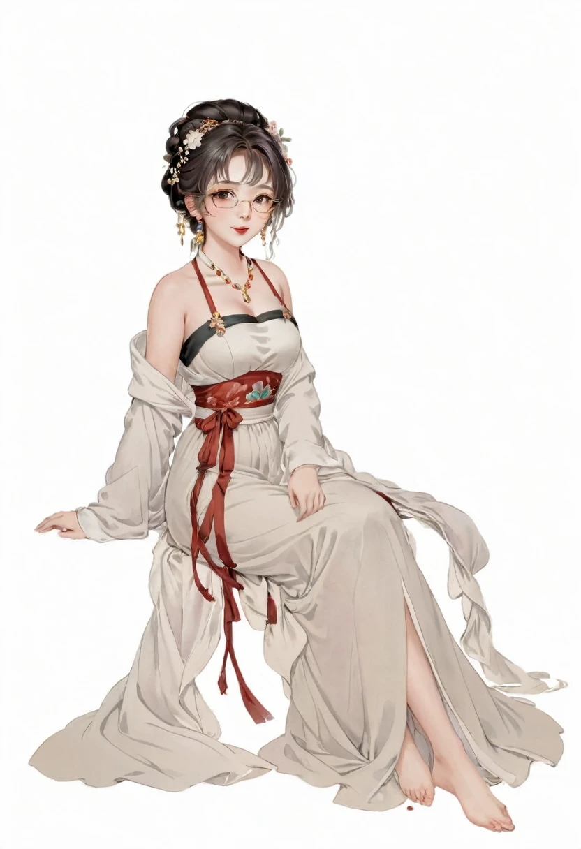 whole body, Big Breasts, Hanfu, Cleavage, background, Flowers, exposed, streaked hair, long hair, wavy hair, rimless eyewear, longeyelashes, mole under eye, earrings, makeup, shy, parted lips, happy, 85mm, super detail, high quality, accurate, highres