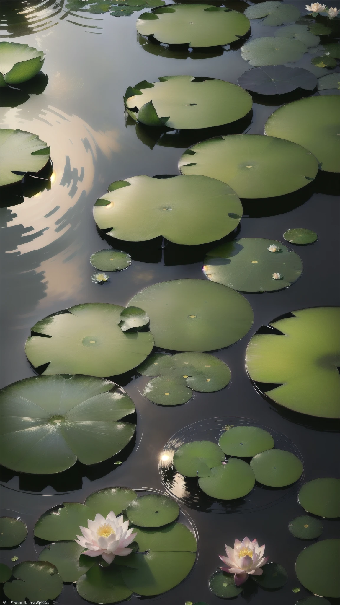 A beautiful masterpiece. Monet's water lilies, Deep in the Lotus Pond (rich and colorful, vivid, Sunlight, Cold Light: 1.2), There are several lotus leaves in the pond. The lotus leaf texture is clear. morning sun, Butterfly, Leave blank