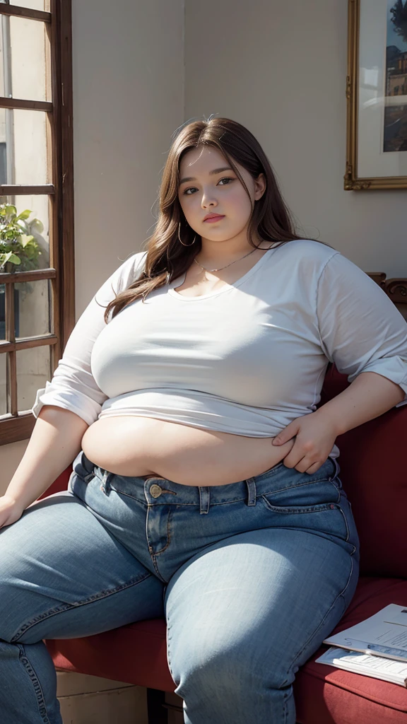 Femme très grosse, assise dans des coussins, Makima, bbwchan, cheveux rouges et yeux jaunes, double menton. Son gros bide sort de son pantalon, elle le carresse avec ses mains. Button pop. Ventre en boule sous le jean. Elle porte un short en jean trop petit et un haut en dentelle, belle lumière sur elle, magnifique femme obese, visage très gras et double menton