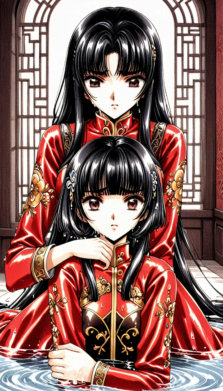 A tragic historical drama in 8k live-action style: Beautiful palace secrets　Beautiful  Chinese Kung Fu girl princess with short black hair in liquid capsule　Gorgeous embroidery, Ultra glossy, She is wearing a shiny red top and bottom long sleeve floral kung fu suit....　　Her clothes are melting away