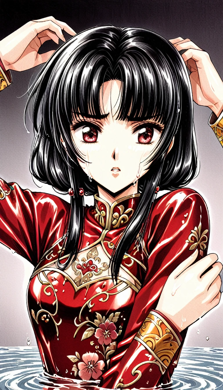 A tragic historical drama in 8k live-action style: Beautiful palace secrets　Beautiful  Chinese Kung Fu girl princess with short black hair in liquid capsule　Gorgeous embroidery, Ultra glossy, She is wearing a shiny red top and bottom long sleeve floral kung fu suit....　　Her clothes are melting away