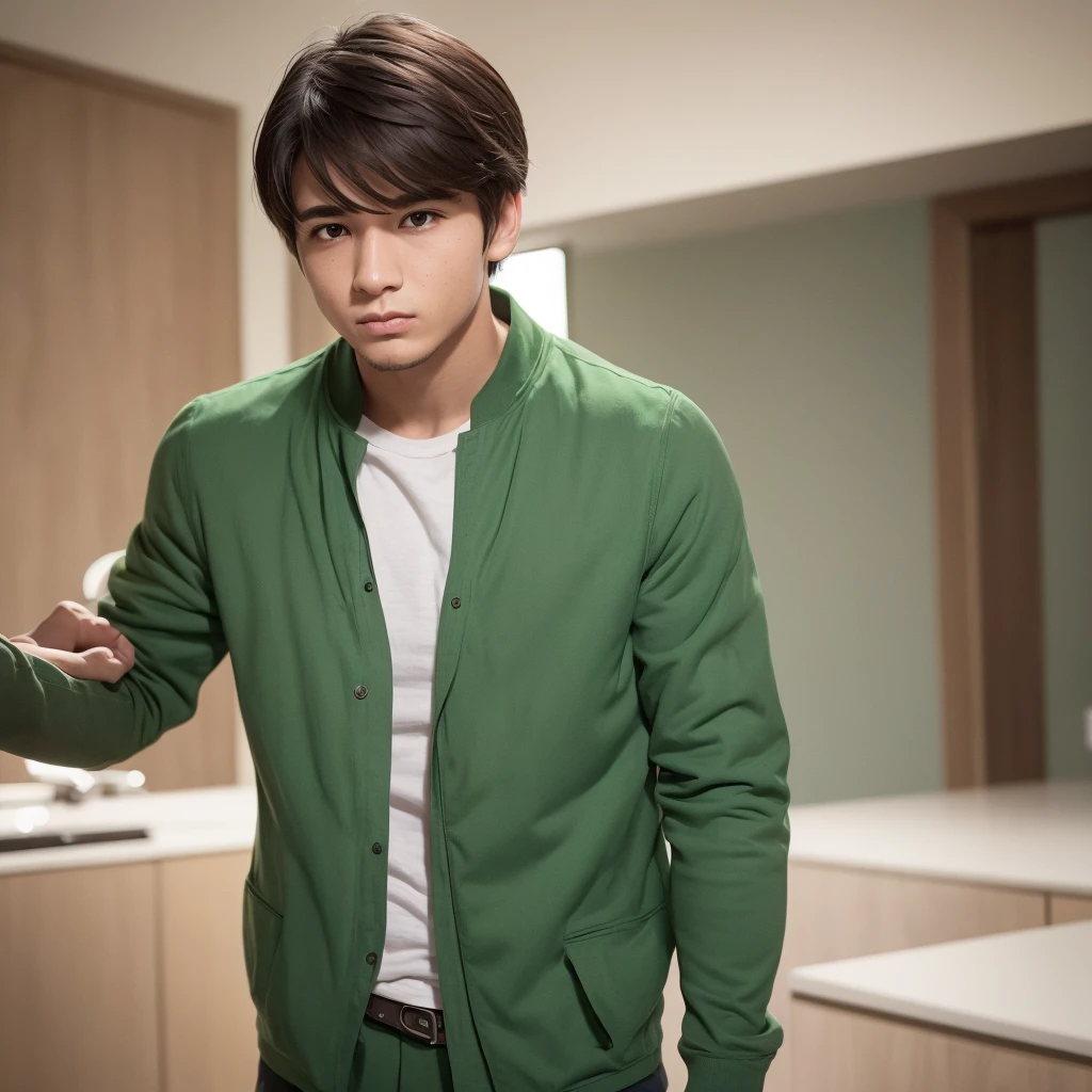 Create an image depicting a young man dressed in green clothing who exhibits excessive concern and consideration in his everyday life. Show him in various daily situations where he demonstrates heightened attentiveness and care towards others. Capture realistic expressions and gestures that convey his thoughtful and empathetic nature. Set the scenes in typical daily environments to emphasize the relatability and realism of his actions. Ensure the composition portrays his genuine kindness and attentive demeanor convincingly.
