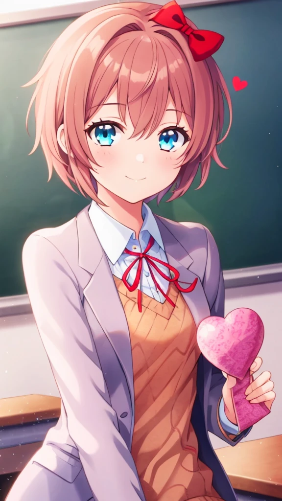 one girl, Sayori, DDLC, Doki Doki Literature Club, hair bow, short hair, cheerful girl, school blazer, positive girl, light blue eyes, girl focus, fascinating, face focus, my girlfriend, date with her, heart mark