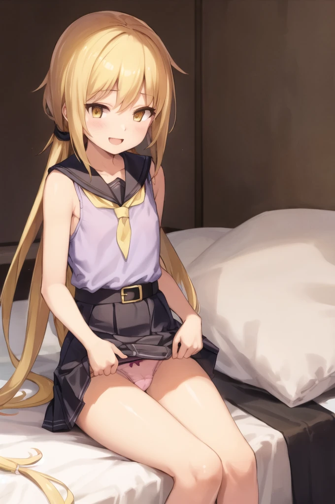(masterpiece), (Highest quality), (Super detailed), ((Very delicate and beautiful)), One girl, 独奏, Satsuki, Blonde, Black Sailor Suit, White neckerchief, Crescent Pin, (very long hair), smile, Flat Chest, belt, Black Skirt, Open your mouth, Sitting, on bed,  indoors, Detailed iris, young,  (Skirt Lift), (panties), (bra), (In underwear), (Flashy underwear), (lingerie), ,((nsfw))