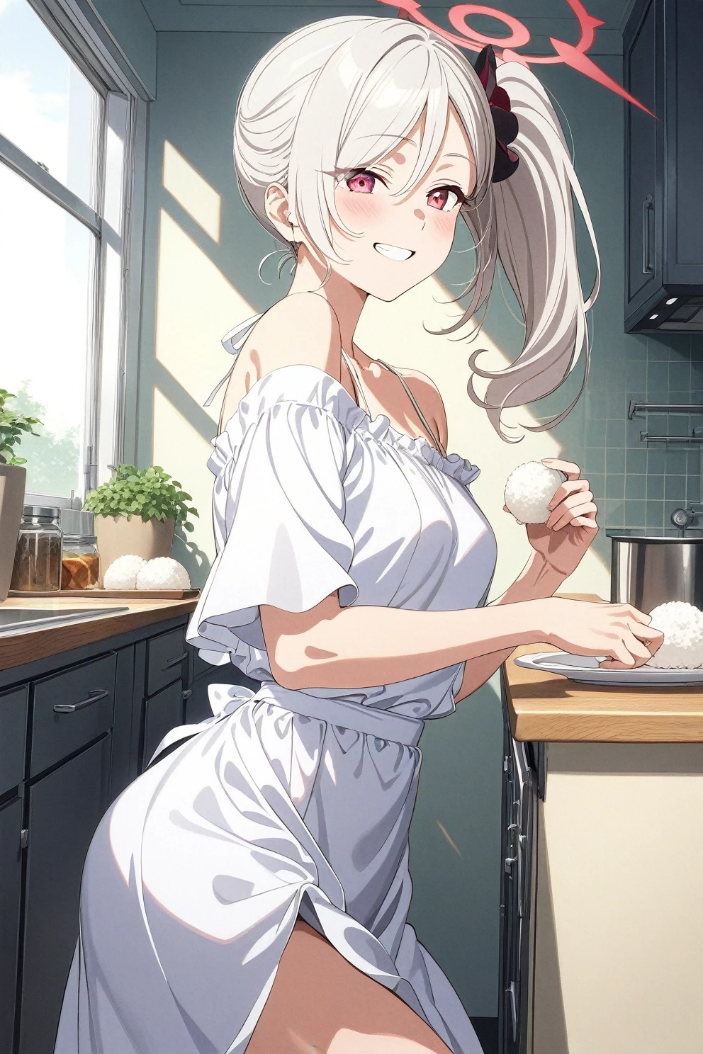 best quality, amazing quality, very aesthetic, absurdres, (1girl, mutsuki, blue archive, solo, red eyes, white hair, side ponytail), (realistic face:0.9),(off-shoulder dress:1.8),dress lift, (grin, blush, thigh:1.3), (cowboy shot), (glowing eyes:1.1), (half closed eyes:0.9), (from side:2),(official art:1.3), (kitchen), expressive eyes, perfect face, 4k, extremely detailed anime illustration, extremely detailed eyes, perfect anatomy, light rays, extremely delicate body, smooth skin, (school background:1.5), clear eyes, beautiful face, small breasts,(anime style:1.5), (Chiaroscuro:1.5), (highres:2), In the kitchen, brightly lit by the morning sun, a woman in a white apron is smiling at us. In her right hand is a handful of rice balls, and in her left is a small white plate filled with salt. Her smile is as if she is saying, "Look, it's almost ready.