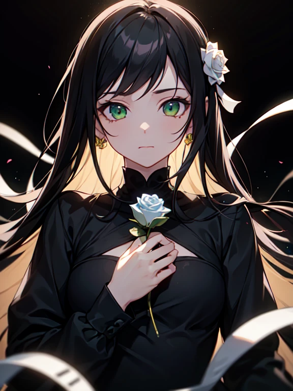 ((masterpiece, Best quality)),best aesthetics,1 girl, One, long hair, black dress, flower, tape, Black background, black hair, Rose, hair tape, green eyes, long sleeves, white Rose, closed mouth, black tape, upper body, Cinematic lighting