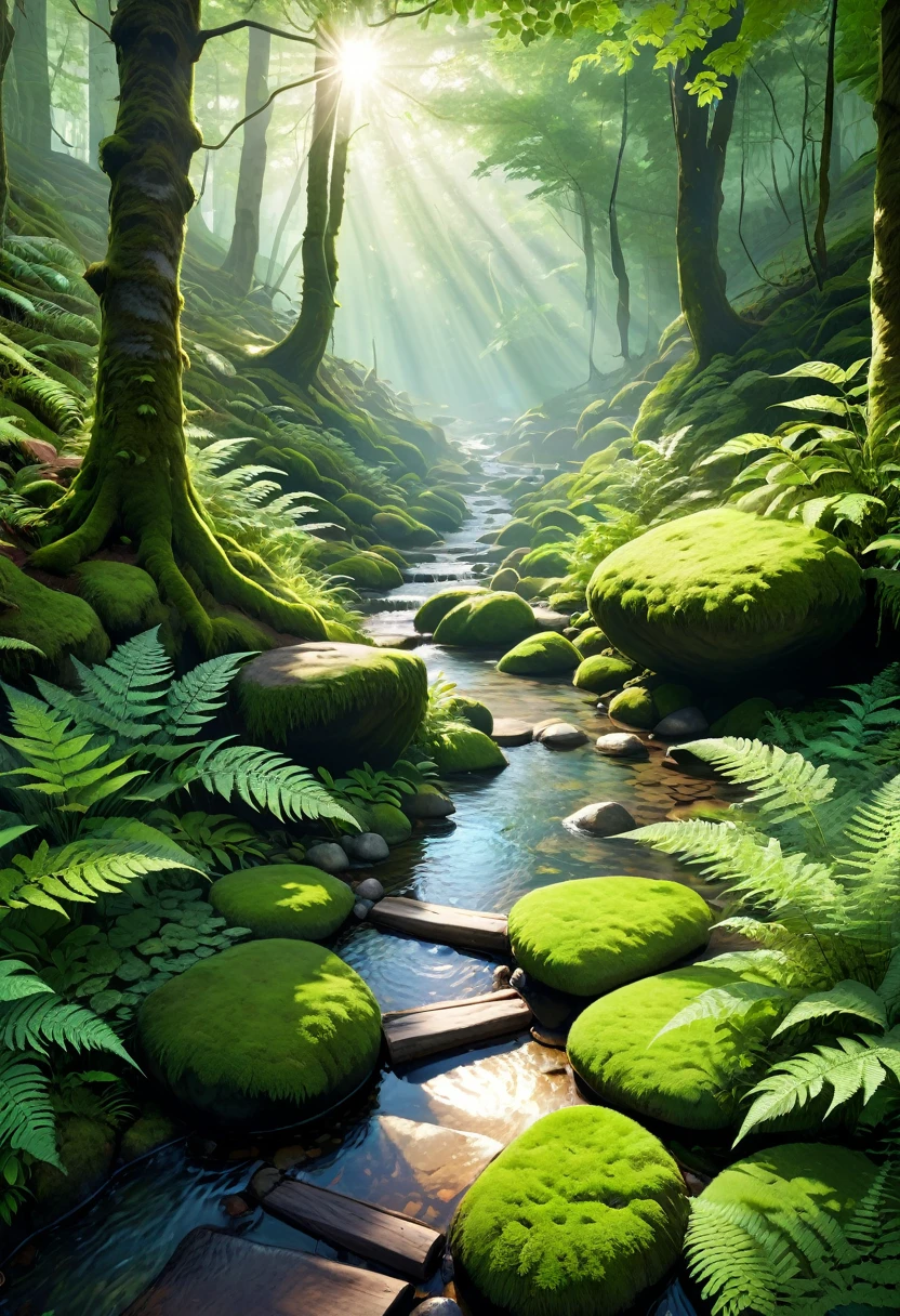Generate a highly detailed, semi-realistic 8K image of a serene forest scene with a clear, flowing stream. The stream should have detailed water textures and reflect the sunlight, with rocks covered in moss and ferns growing alongside the bank. The forest should feature dappled light filtering through the leaves, creating soft shadows and intricate patterns on the forest floor. Include detailed wooden pathways and textured stone paths that lead through the forest. The atmosphere should be calm and refreshing, with anime style 40% and realistic details 80%, focusing on natural, muted tones to enhance the serene environment.