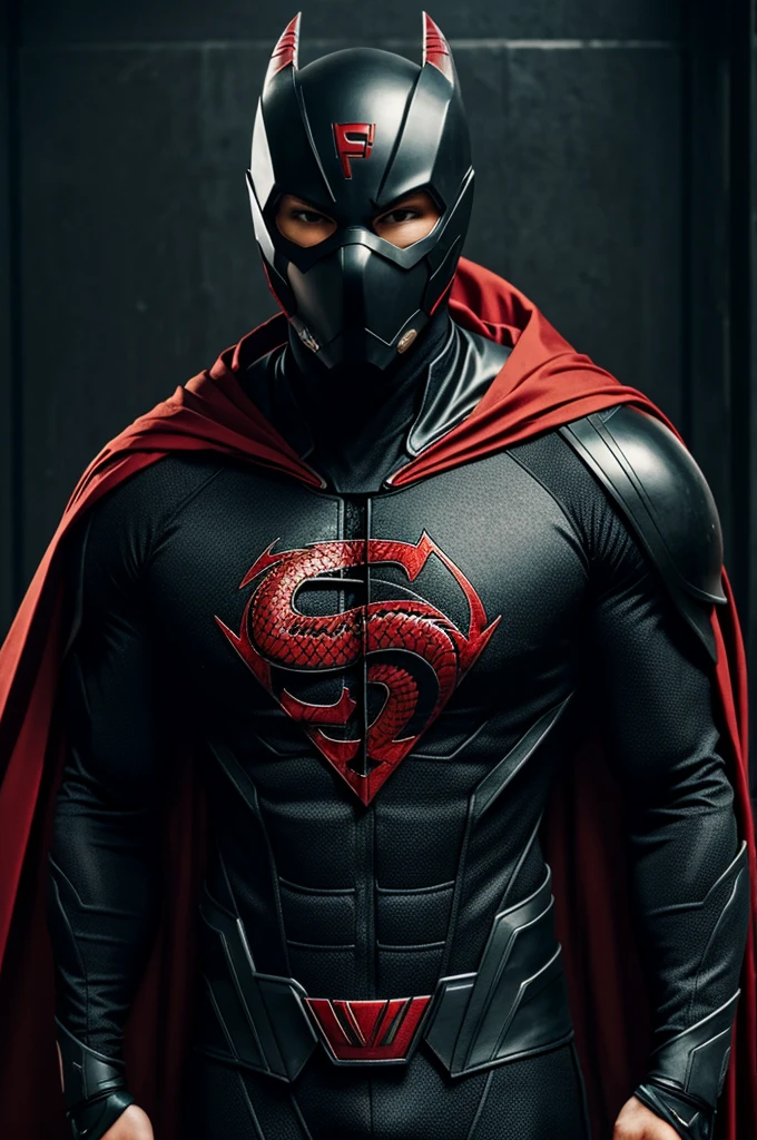 Superhero in black suit and red dragon symbol on chest with mask