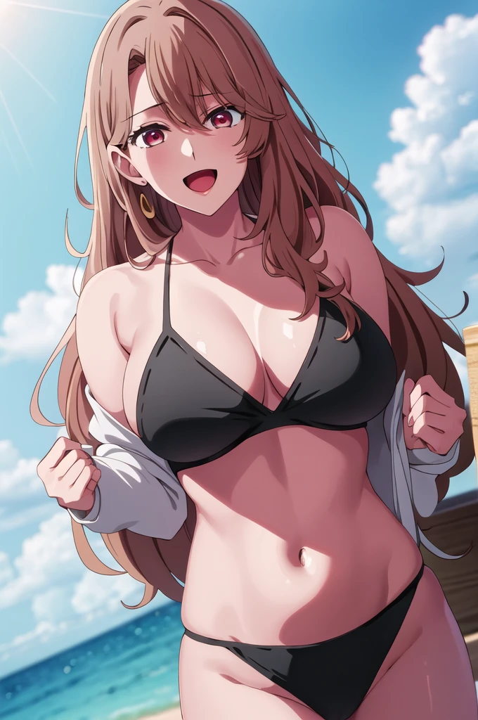 (masterpiece:1.3), (best quality:1.1), (8k, ultra detailed, ultra high res:1.2), ((anime style)), (perfect 5 fingers:1.1), perfect anatomy, 
1girl,
Miyako Saitou, 
BREAK long hair, wavy hair, 
strawberry blonde hair, 
red eyes, empty eyes. 
large breasts, smile, open mouth, 
BREAK strings bikini, black bikini, 
looking at viewer, 
BREAK upper body, stunding, arm behind back, 
fair skin, (sweaty skin:1.1), 
perfect light, 
outdoor, outside, summer, sea, sky, 