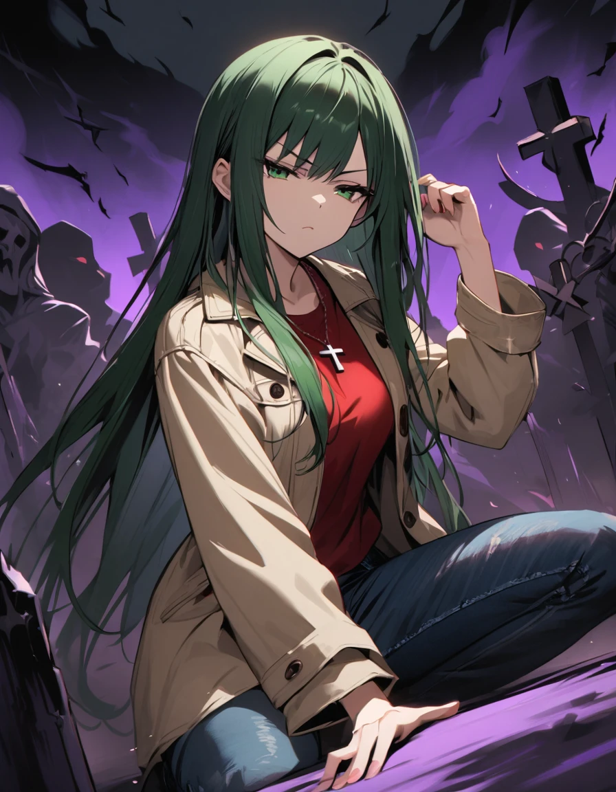 (masterpiece)、(absurdres)、(ultra detailed)、long shot,(shiny dark green hair)、(solo girl)、(dark green eyes)、 breast:0.8,(straight long hair)、BREAK,(casual beige jacket)、(red Tshirt)、(denim JEANS)、Cross Necklace:0.9、BREAK,Holding a handgun in your hand:1.2,Defensive Pose、angry,serious,half-closed eyes,dynamic angle,closed mouth,cowboy shot,side view:1.2,Bend one knee、Sit on the ground、A dark graveyard at night filled with monsters and demons:1.1、darkness,no lighting,purple fog:1.05、