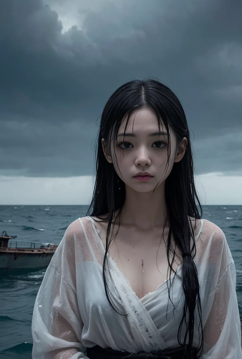 Create a haunting image of Funayurei, a ghostly woman with a decayed appearance, wet hair, and tattered clothing. She should be depicted standing on a ghostly, old ship or floating just above the water’s surface in a dark, stormy sea. Her expression should be mournful, and the atmosphere should be filled with a sense of doom.
