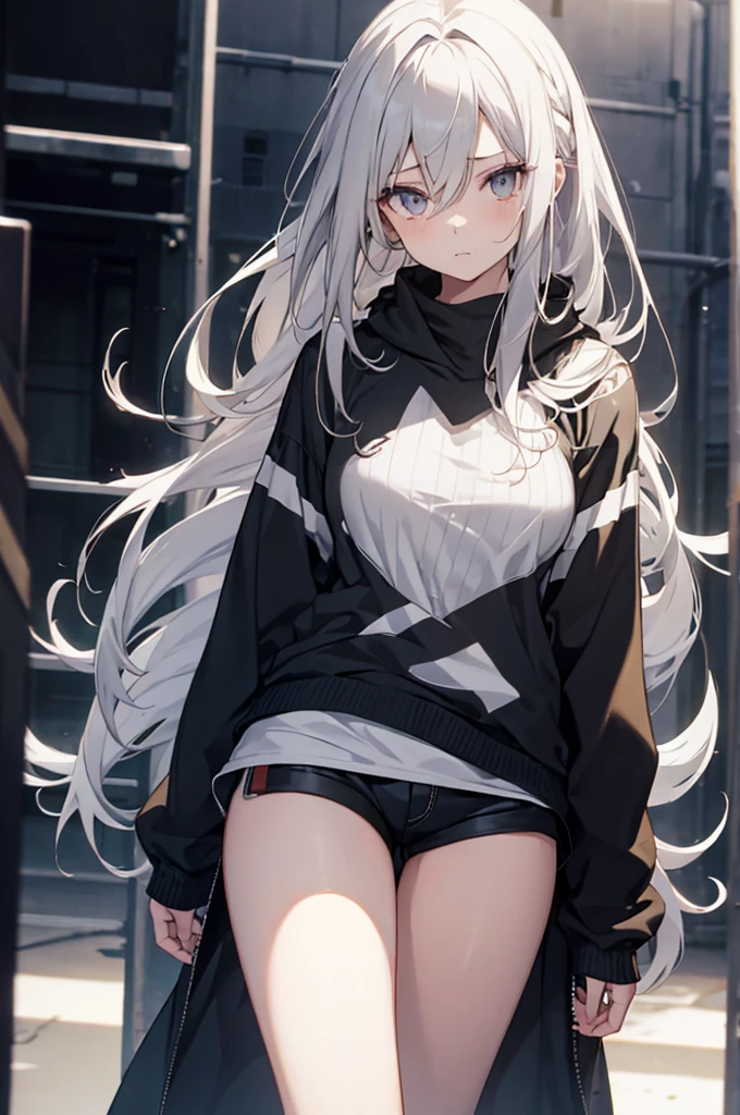 1girl, {Solitary}, Upper Body ,{{ {Watching at viewer}}}, Arms at your sides, Concept Art, white Background, simple Background, White hair, Silver gradient hair , Composite cloth, Asymmetrical clothes, Virtual YouTuber, best quality, masterpiece, Dynamic Angle, guilty gear, guilty gear, guilty gear, cowboy_shooting, Watching_Back, grab, girl,Miss,woman, young,20 years old, Very long hair, Hair Flip, Silver Hair, Flowing hair, Ahog, giggle, Beautiful and delicate golden eyes, teeth, Moderate_breast, Blonde eyes, White skin, hoodie, Black_shorts, Gray clothes, transparent_Background, Backlighting, absurd, high resolution, Extremely detailed,Sweater without pants