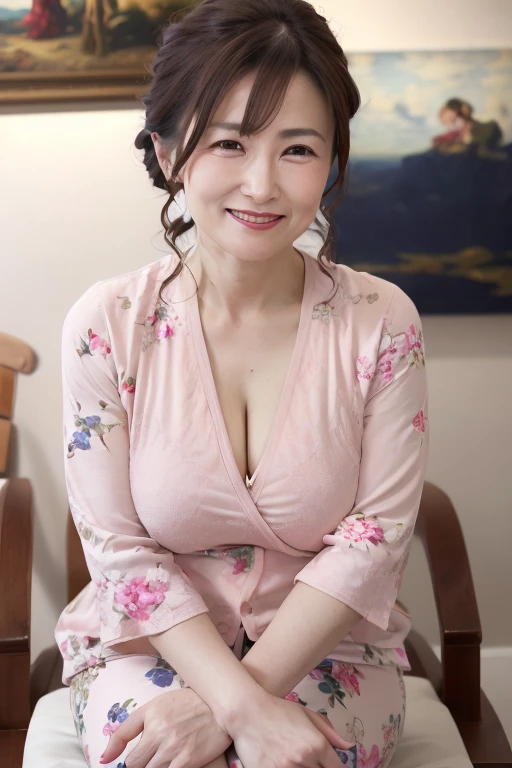 8K, Mature elegant Japanese woman, 55 years old, Married women, Delicate features, Long eyelashes, Sparkling eyes, Low Ponytail, Red lipstick, Rosy Cheeks, eye shadow, Attractive lips, Cleavage, Light clothing, Floral shirt, mini skirt, Crossing your legs, photo shoot, (Highest quality,8K,High resolution,masterpiece:1.2),