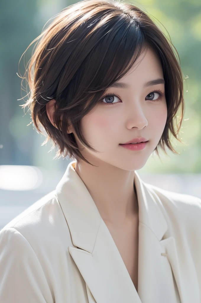 realistic light,natural light,white background,최고 quality、8 thousand、32,000、masterpiece、uhd:1.2) quality, primitive photorealism, laugh, 아름다운 girl, cute, Short hair, depth of field, high resolution, ultra detail, Highly detailed eyes and face,small eyes,Short hair,short cut,short hair,Ivory Jacket,Real picture, Sense of presence, Girlish, girl