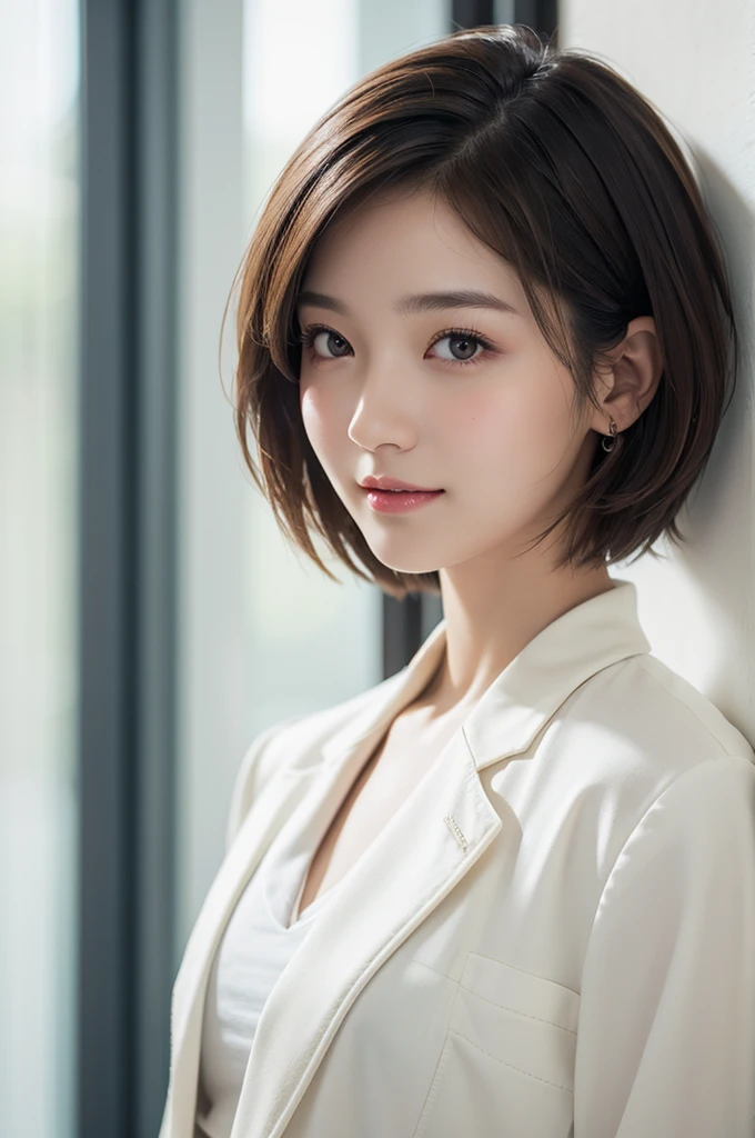 realistic light,natural light,white background,최고 quality、8 thousand、32,000、masterpiece、uhd:1.2) quality, primitive photorealism, laugh, 아름다운 girl, cute, Short hair, depth of field, high resolution, ultra detail, Highly detailed eyes and face,small eyes,Short hair,short cut,short hair,Ivory Jacket,Real picture, Sense of presence, Girlish, girl