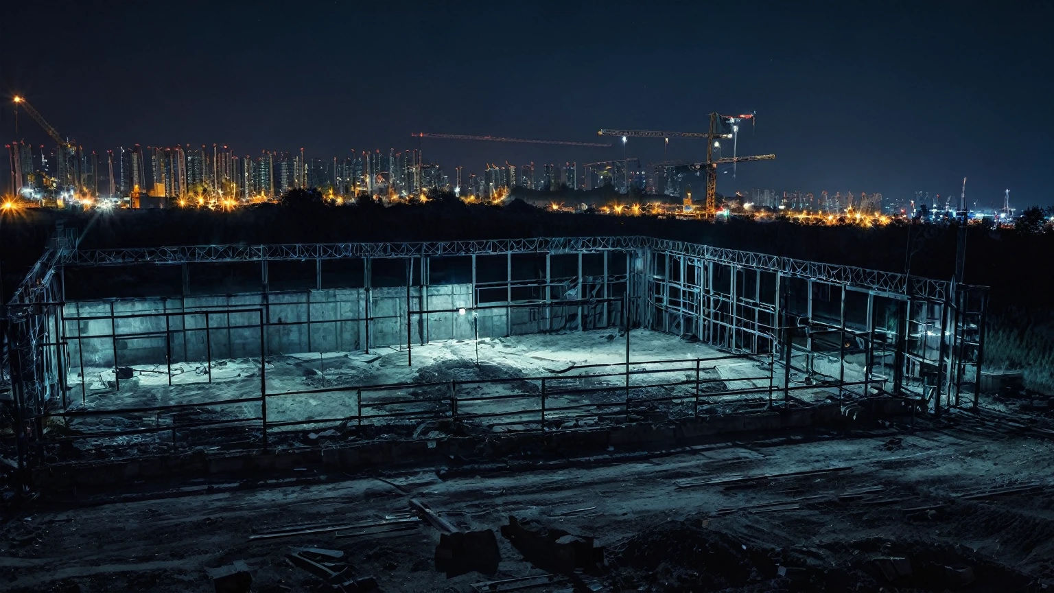 abandoned urban construction site at night time, background