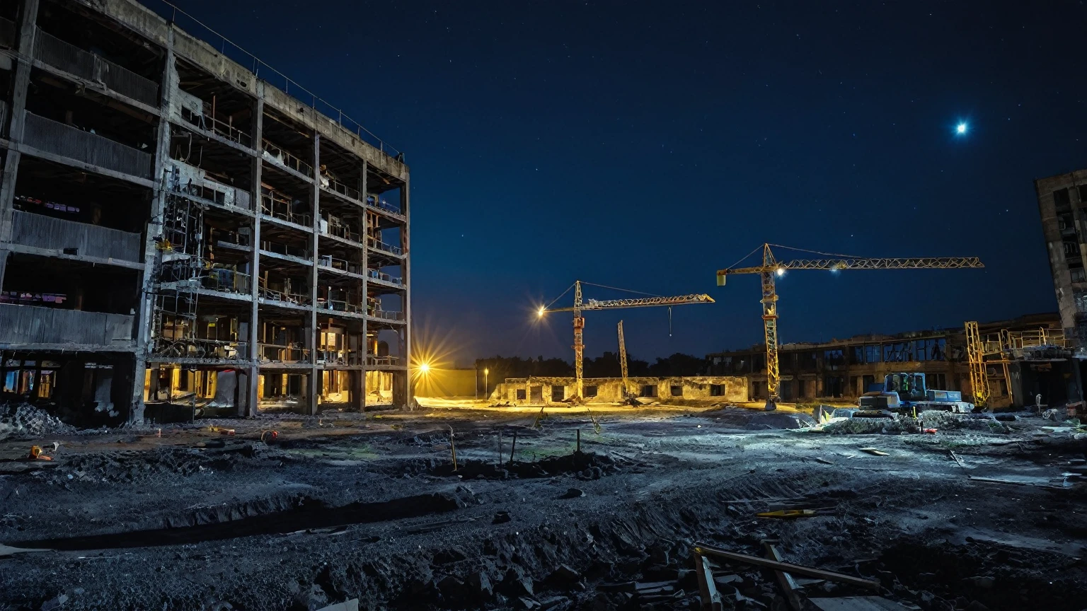 abandoned urban construction site at night time, background