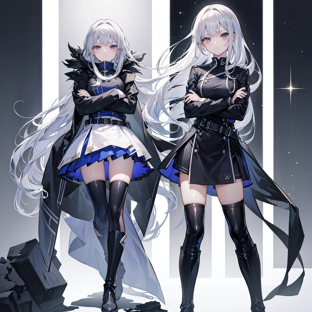 Hd, 4k, Beautiful girl, long hair, silver hair, silver eyes, black uniform, knee high boots, crossed arms