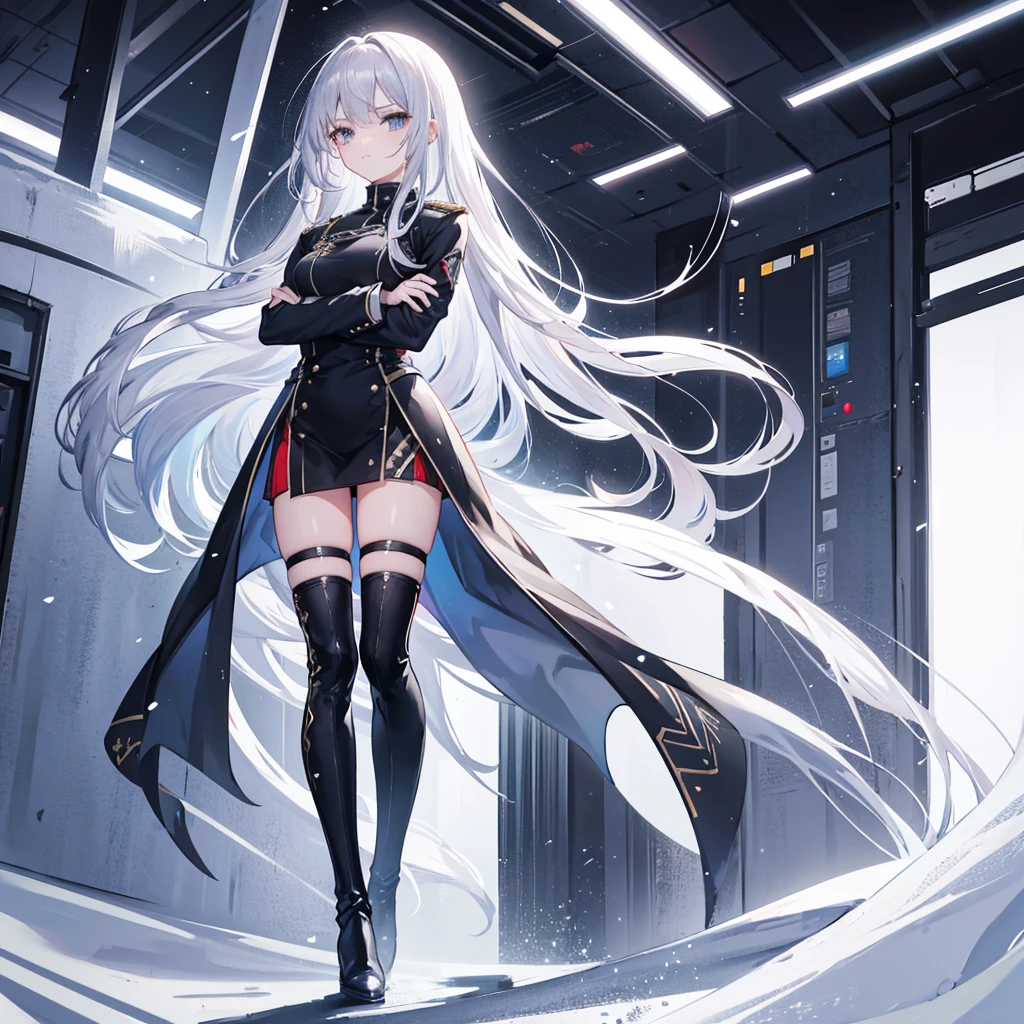 Hd, 4k, Beautiful girl, long hair, silver hair, silver eyes, black uniform, knee high boots, crossed arms