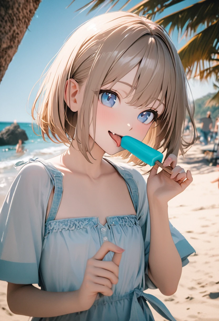 1 girl, 18yo, (flat chest: 1.5), blue eyes, light brown hair, bob cut, summer outfit, smiling, holding popsicle in hand, (licking a popsicle:1.5), having fun, upper body, beach, blue sky, 8k, RAW photo, best quality, masterpiece, extremely detailed 8k wallpaper, ultra-detailed, best shadow, detailed background, beautiful detailed face, beautiful detailed eyes, nice hands, perfect hands