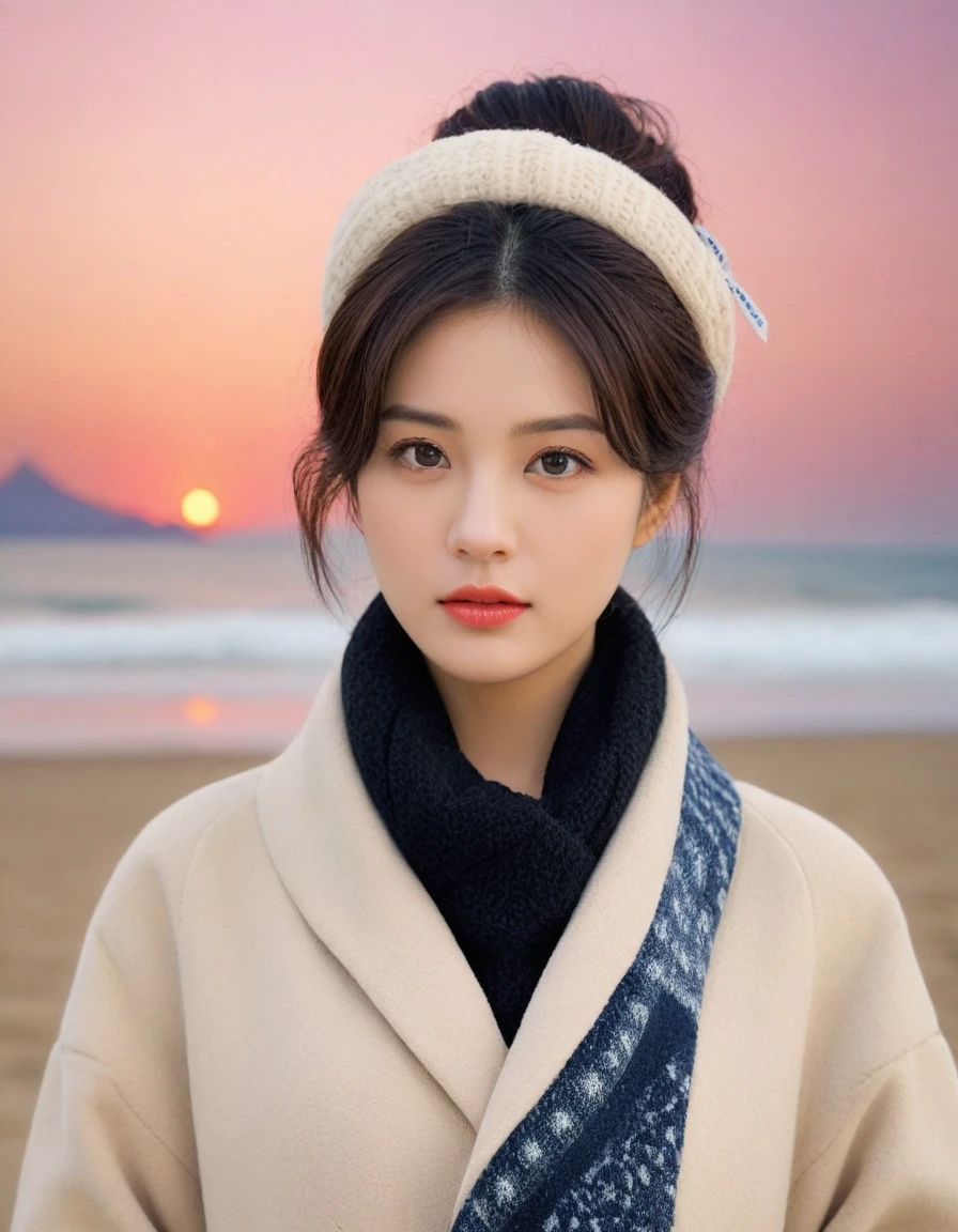 8K, 超high resolution, best quality, masterpiece, surreal, painting,A three-part method, 성숙한 1 woman, (16 years old:1.3), Pretty Woman, Cute face, Beautiful Eyes in Every Detail,Japanese female announcer,(Wearing a long winter coat and scarf、Close-up of thin black double-sided updo:1.5)、(The woman turned around with a very sad expression., Her hair blowing in the wind on a winter beach:1.5)、(blurred background:1.5)、(red sky at sunset:1.5)、(complete anatomy:1.5)、(full hand:1.3)、(full finger:1.3)、realistic、生painting、tabletop、best quality、high resolution、delicate and beautiful、perfect face、beautiful details、fair skin、real human skin、((thin legs))、bold pose,Super cute supermodel、Please look closely at the camera 、vivid details、detailed、surreal、빛과 painting자,strong light,fashion magazine cover,thin lips, short hair that closes to the shoulders,1 woman, full body shot
