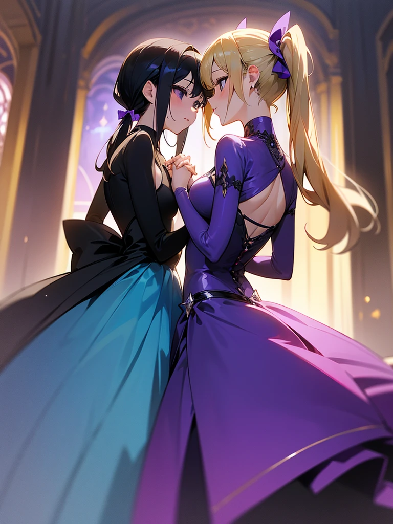 Two adult girls, one is blonde with two pigtails of purple bows, She wears a shiny purple gala dress with decorations and diamonds, Her eyes are blue and she is next to another girl with black hair., loose hip length hair, black eyes and bright and stunning blue gala dress, They are at an expensive dinner tonight, holding hands in a romantic atmosphere