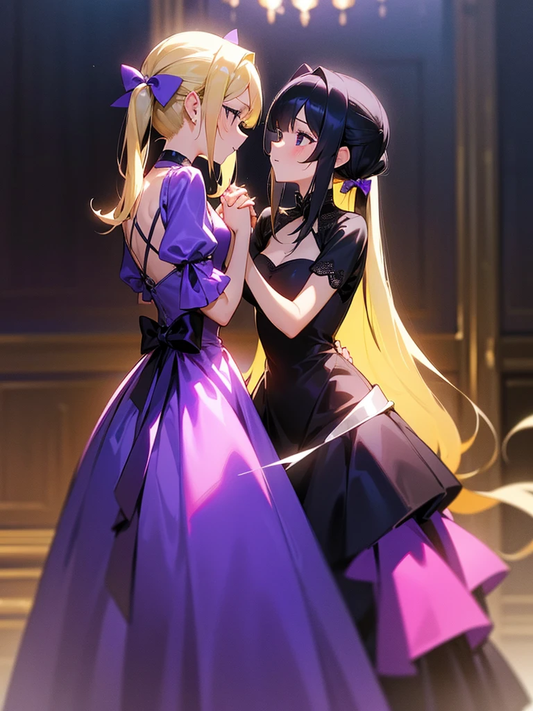 Two adult girls, one is blonde with two pigtails of purple bows, She wears a shiny purple gala dress with decorations and diamonds, Her eyes are blue and she is next to another girl with black hair., loose hip length hair, black eyes and bright and stunning blue gala dress, They are at an expensive dinner tonight, holding hands in a romantic atmosphere