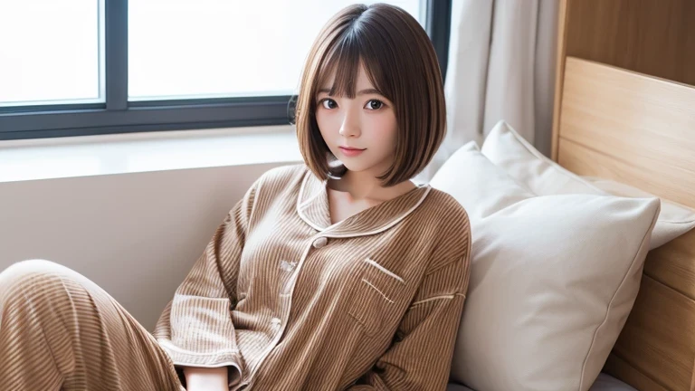 Produce the highest quality and highest resolution 8K images。Please draw the whole body of a 20 year old Japanese woman.。Please draw an image of me relaxing in my room wearing brown pajamas with long sleeves and long pants.。She has brown eyes and a model figure.、She has an idol-level cute face.。Hair is bob cut。Skin has a healthy color。