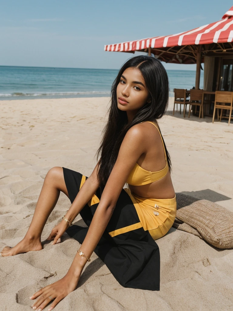 a girl with long hair and a yellow pantsuit sits on the seashore and looks at the sunset