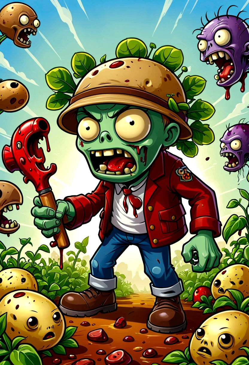 Plants vs. Zombies,game,fear,bloody,Old,Zombies,Violence,Peashooter,Potato Mine,Exaggerated art illustration,