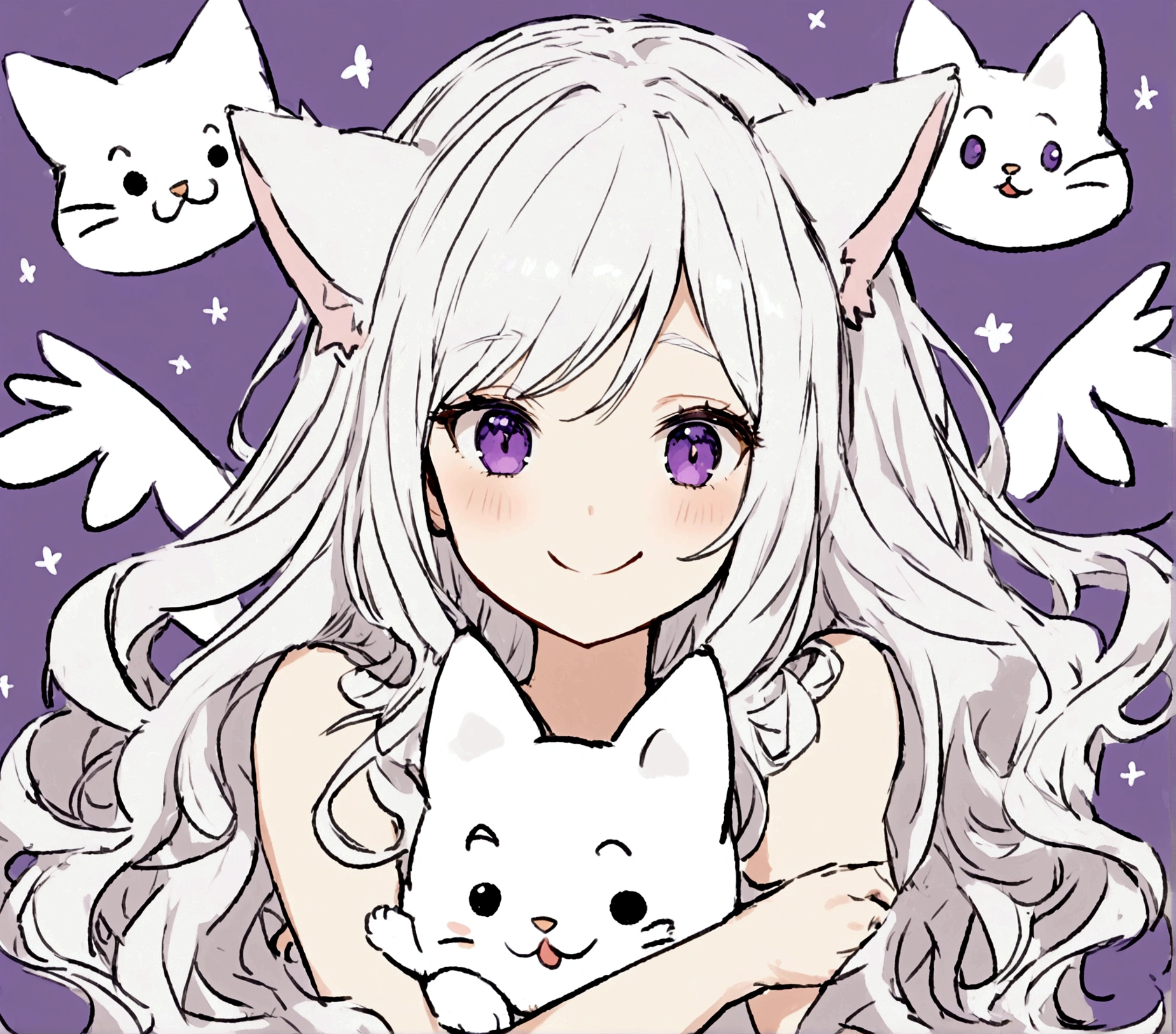 Wink,Long Wavy Hair,White hair is very attractive, Detailed and precise manual work, Attractive girl, White cat ears,Purple eyes and white eyelashes,light in your eyes,Angel&#39;wing,Goofy face,Hug a doll,Delicate, A loose white dress with purple floral print, Hand-drawn illustration,Broad background,