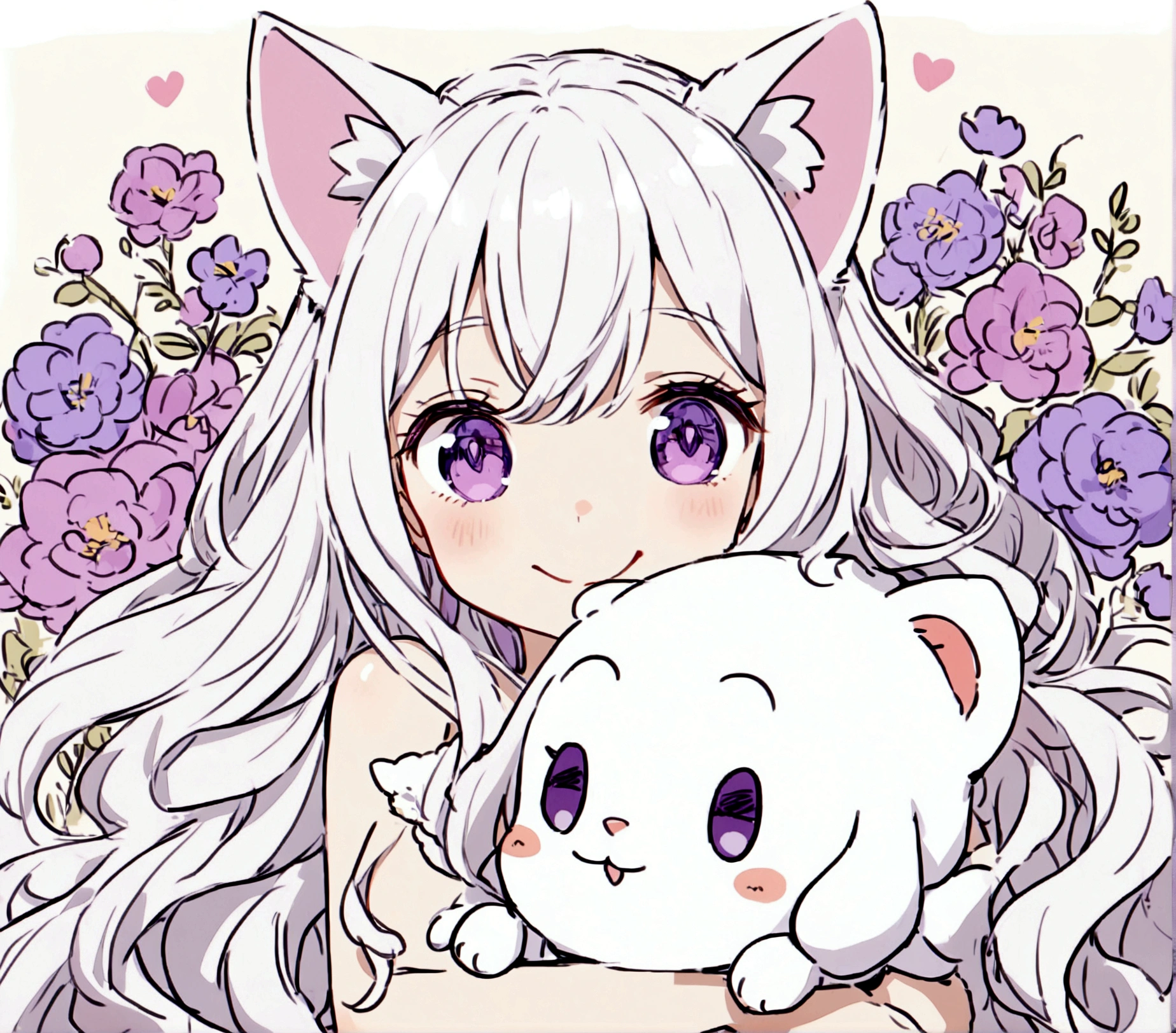 Wink,Long Wavy Hair,White hair is very attractive, Detailed and precise manual work, Attractive girl, White cat ears,Purple eyes and white eyelashes,light in your eyes,Angel'wing,Goofy face,Hug a doll,Delicate, A loose white dress with purple floral print, Hand-drawn illustration,Broad background,