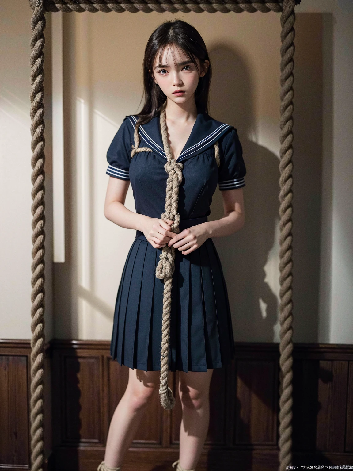 (41k4:0.7), (emma watson:1), (aika-sawaguchi:0.25), masterpiece, Best Quality, 8K, Raw photo, (wearing sailor school uniform:1.5), top-notch quality, masterpiece, (full body shot:1.5), (exceptionally detailed RAW color photo, professional-grade photograph), (rope bondage:1.5), (tied up with rope:1.4), (facing viewer:1.5), (looking at viewer:1.4), (Realistic, Photorealistic:1.37), (highly detailed skin:1.2), Ultra-high resolution, (lens 50mm), (masterpiece, top-quality:1.3), (hyper realistic:1.35), (Photorealistic:1.45), (Realistic:1.4), solo, (1 pretty Japanese girl), 21 years old, Japanese idol, supermodel, pale skin, (slim:1.3), (slim body:1.25), (slender body:1.25), (narrow waist:1.35), pretty face, (large breasts:1.15), (deep cleavage:1.4)