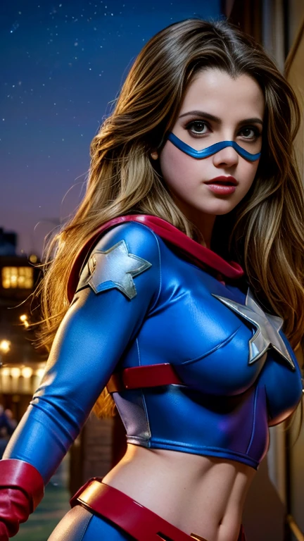 ((front view)), Laura Marano as Stargirl_dc,((wearing stargirl from Dc costume, big breasts:1.2)), dark night with full moon in background,full body,  photoreal render,high contrast image, rendering by octane,zbrush?character design,realisticlying,unreal-engine,ultra - detailed,concept-art,trends in art station? ((best quality)), ((masterpiece)), ((realistic)), (detailed), (brown eyes:1.2), highly detailed skin and hair, Fantasy art,stunning gradient colors,detailed back ground,extremely detaile, tmasterpiece),HDR, ally 

