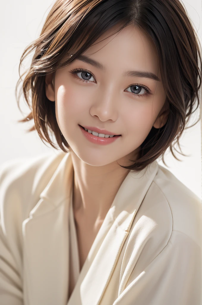 realistic light,natural light,white background,최고 quality、8 thousand、32,000、masterpiece、uhd:1.2) quality, primitive photorealism, laugh, Beautiful girl, cute, Short hair, depth of field, high resolution, ultra detail, Highly detailed eyes and face,small eyes,Short hair,short cut,short hair,Ivory Jacket,Real picture, Sense of presence, Girlish, smile