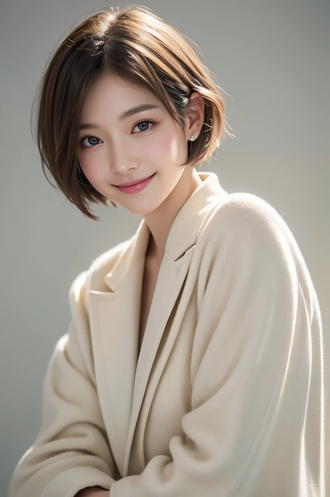 realistic light,natural light,white background,최고 quality、8 thousand、32,000、masterpiece、uhd:1.2) quality, primitive photorealism, laugh, Beautiful girl, cute, Short hair, depth of field, high resolution, ultra detail, Highly detailed eyes and face,small eyes,Short hair,short cut,short hair,Ivory Jacket,Real picture, Sense of presence, Girlish, smile