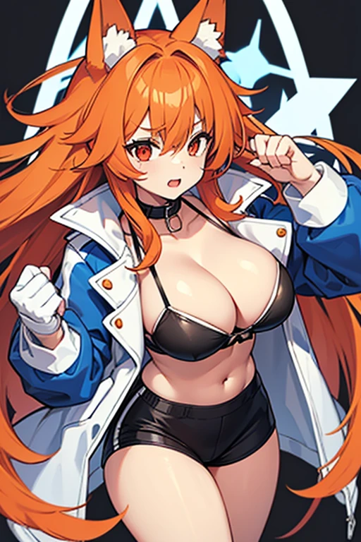 White and blue jacket,Half price jacket,Black underwear,Bright orange hair,Super long hair,Messy Hair,Collar and red lead,Dog Ears,Fluffy breasts,,