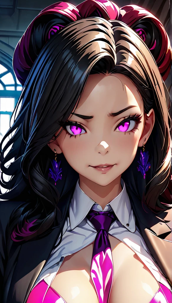 (highest quality:1.2,evil lady,cg, Very detailed, High Detail, digital coloring, High Contrast, masterpiece:1.2,suits, highest quality, Best aesthetics),(highest quality:1.2,evil lady,cg, Very detailed, High Detail, digital coloring, High Contrast, masterpiece:1.2, highest quality, Best aesthetics), 8k,masterpiece, cute,tall,beautiful,best quality, 1lady,black hair,long hair,empty eyes, (finely detailed glowing eyes and detailed face),,,,extremely detailed cg unity 8k wallpaper,solo,(latex military costume:0.9),large breasts,seductive smile,military hat,latex thighhigh,large breasts,black hair,pink eyes,pink leotard,pantyhose,military coat,enamel suits,grossy lips,sitting,,sadistic smile,,heel,shiny skin,military coat,detailed face,beautiful body,full-body,adult,leotard,show me breasts,sadistic,seductive smile,enamel leotard,latex,